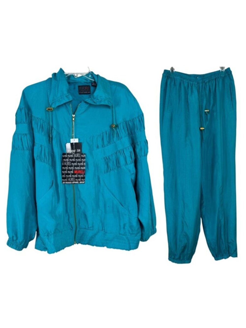 Mureli NEW Flawed 100% Silk Teal Track Suit Women's Lrg Colorful 80s Style 674D